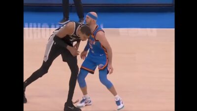 Victor Wembanyama ramming into Alex Caruso during Thunder-Spurs Game 1
