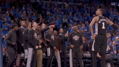 Victor Wembanyama posing after sealing a Game 1 win for the Spurs over the Thunder