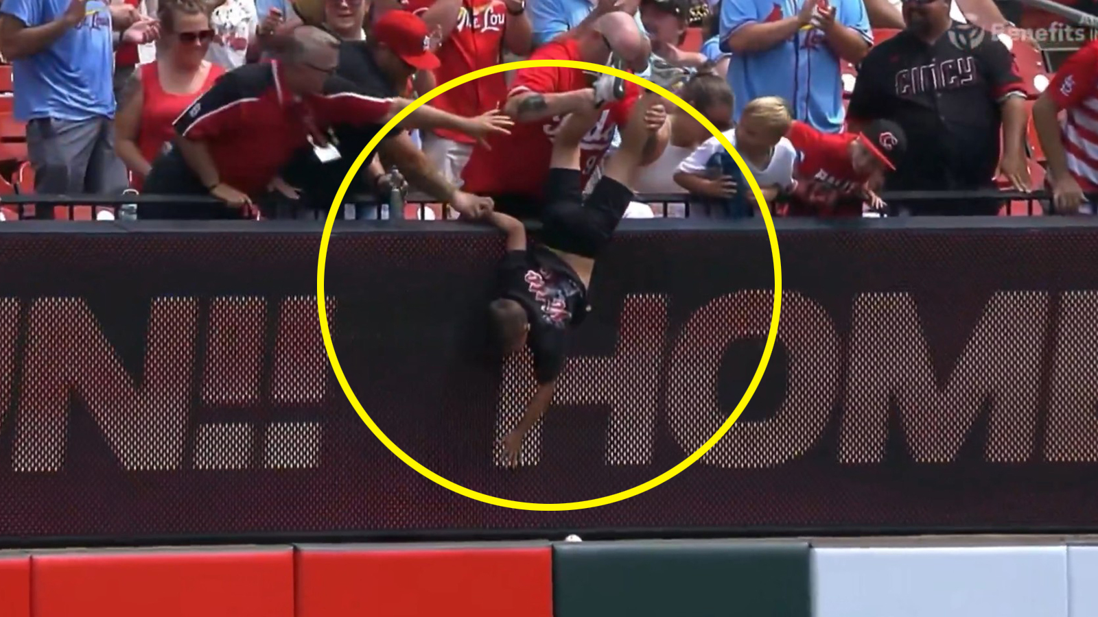 A fan trying to reach a baseball during an MLB game