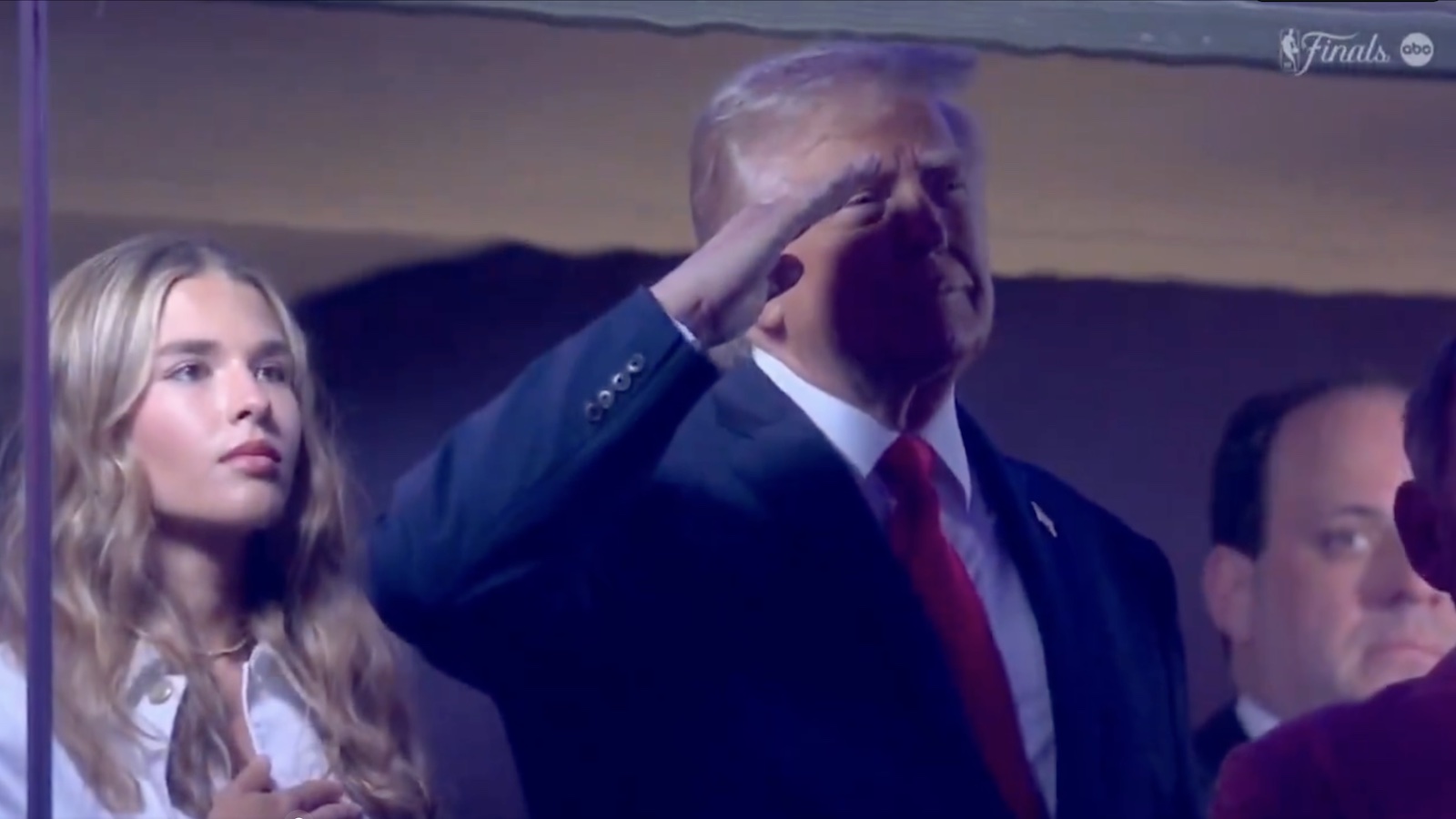 Donald Trump saluting the flag while getting booed by Knicks fans during the national anthem of Game 3 of the NBA Finals