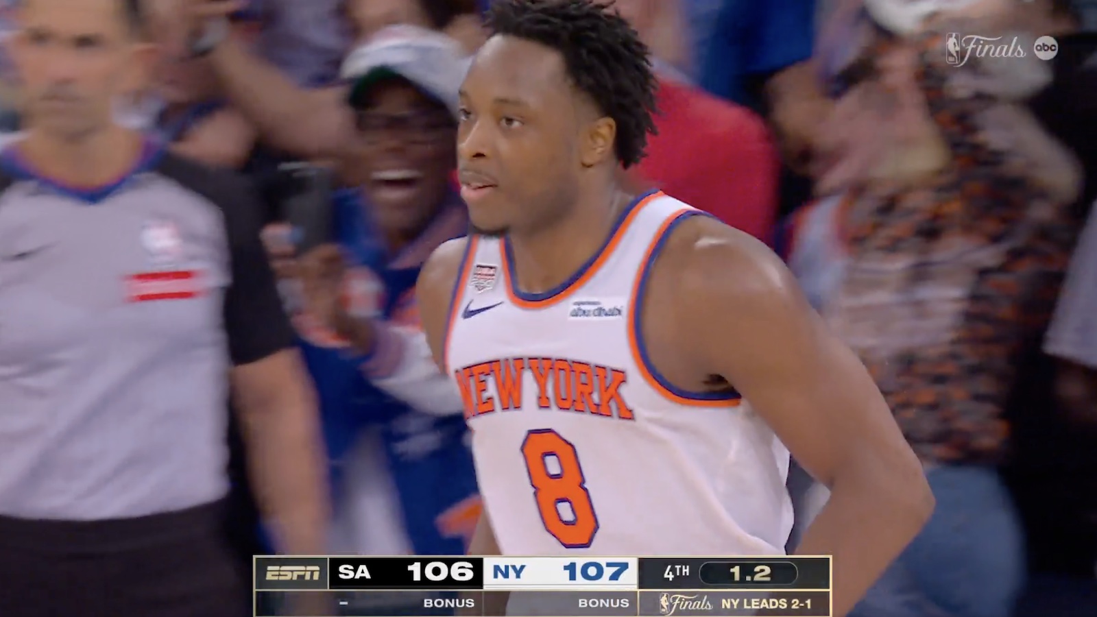 Knicks star OG Anunoby walking after tipping in the game-winner in Game 4 of the NBA Finals