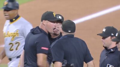 Pirates manager Don Kelly shouting at umpires