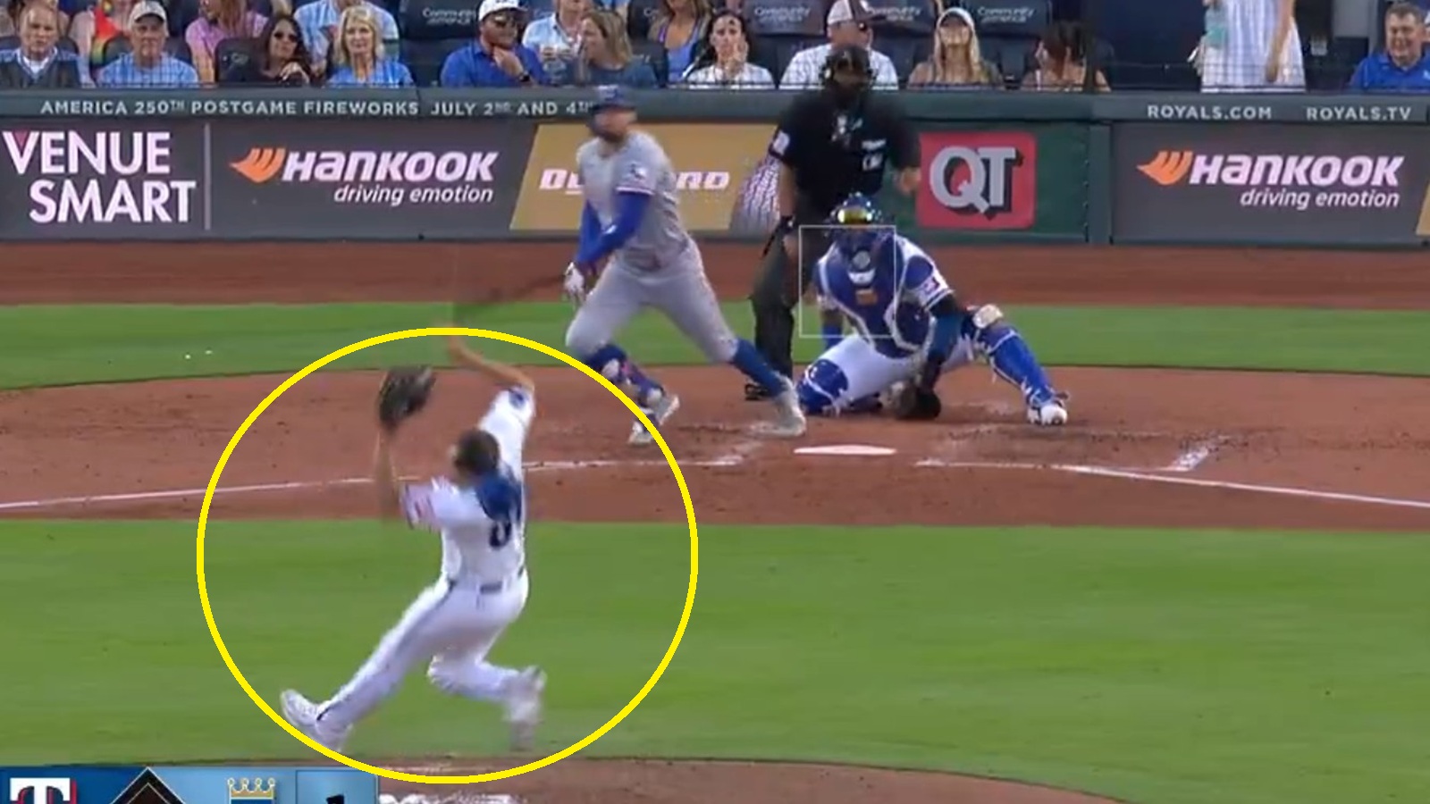 Seth Lugo getting hit by a comebacker