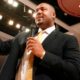 Stacey King giving a speech