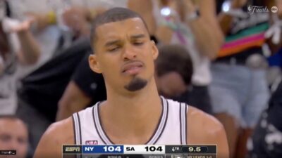 Spurs star Victor Wembanyama sulking after committing a game-losing turnover in Game 2 against the Knicks