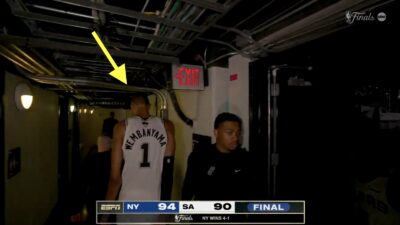 Victor Wembanyama walking to the Spurs' locker room after losing Game 5 of the NBA Finals to the Knicks
