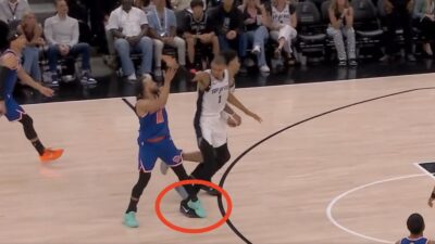 Victor Wembanyama stepping into Jalen Brunson's landing space on a shot in Game 5 of the Knicks-Spurs NBA Finals