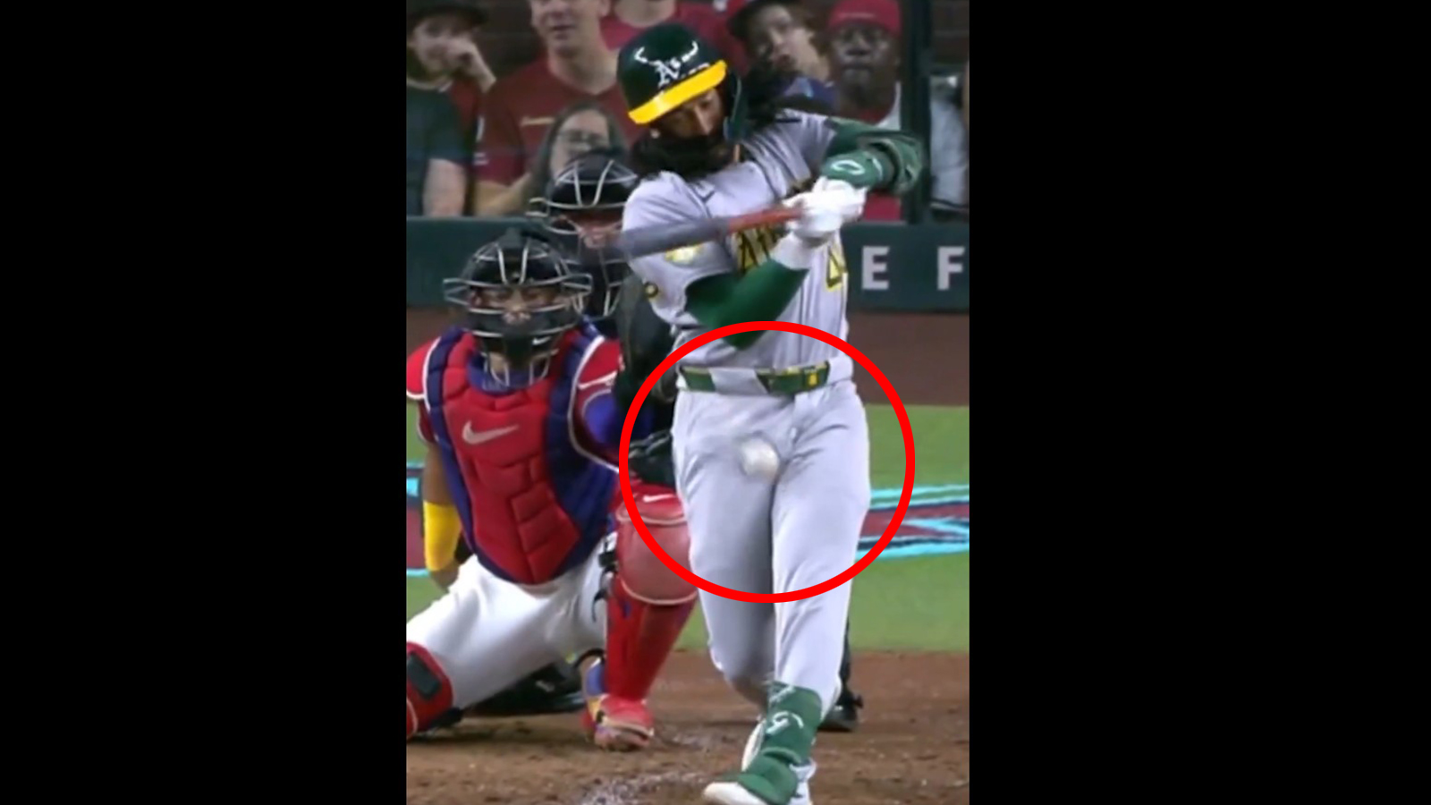 Joshua Kuroda-Grauer gets hit in the groin by a foul ball