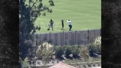 Aaron Donald on a field inside the Rams' training facility