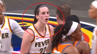 Caitlin Clark yelling at Saniya Rivers