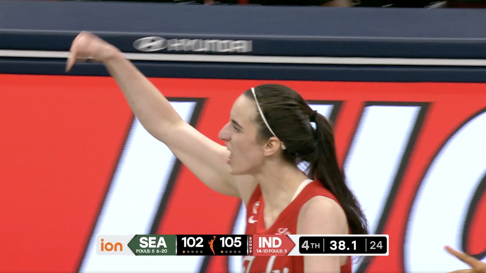 Fever star Caitlin Clark taunting after hitting a big shot against the Storm