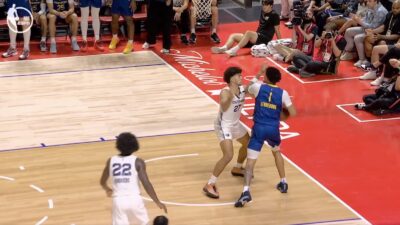 Cam Boozer defending Yaxel Lendeborg during Warriors-Grizzlies Summer League finals