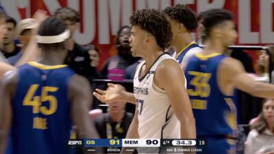 Cameron Boozer looking upset after a controversial call during Warriors-Grizzlies NBA Summer League championship game
