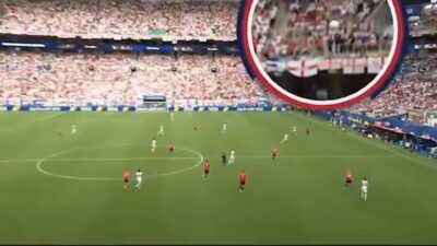 A goal kick during England-Norway World Cup match suspected of hitting a SkyCam wire.