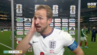 Harry Kane losing his voice during an interview after England-Mexico World Cup match