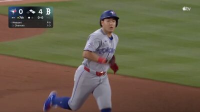Blue Jays rookie Kazuma Okamoto running the bases after hitting a record-setting home run to surpass Shohei Ohtani