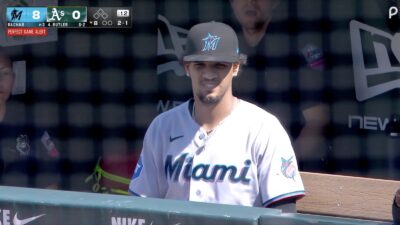 Marlins pitcher Eury Perez looks on after getting removed from a potential perfect game