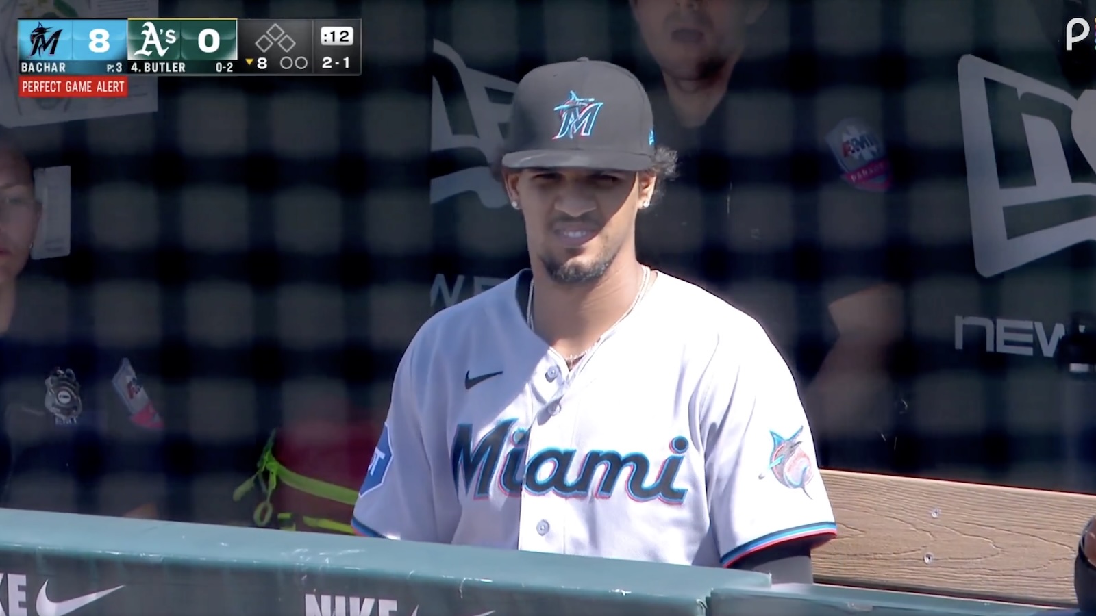 Marlins pitcher Eury Perez looks on after getting removed from a potential perfect game