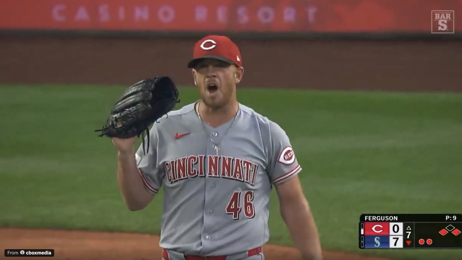 Reds pitcher Caleb Ferguson berating an umpire