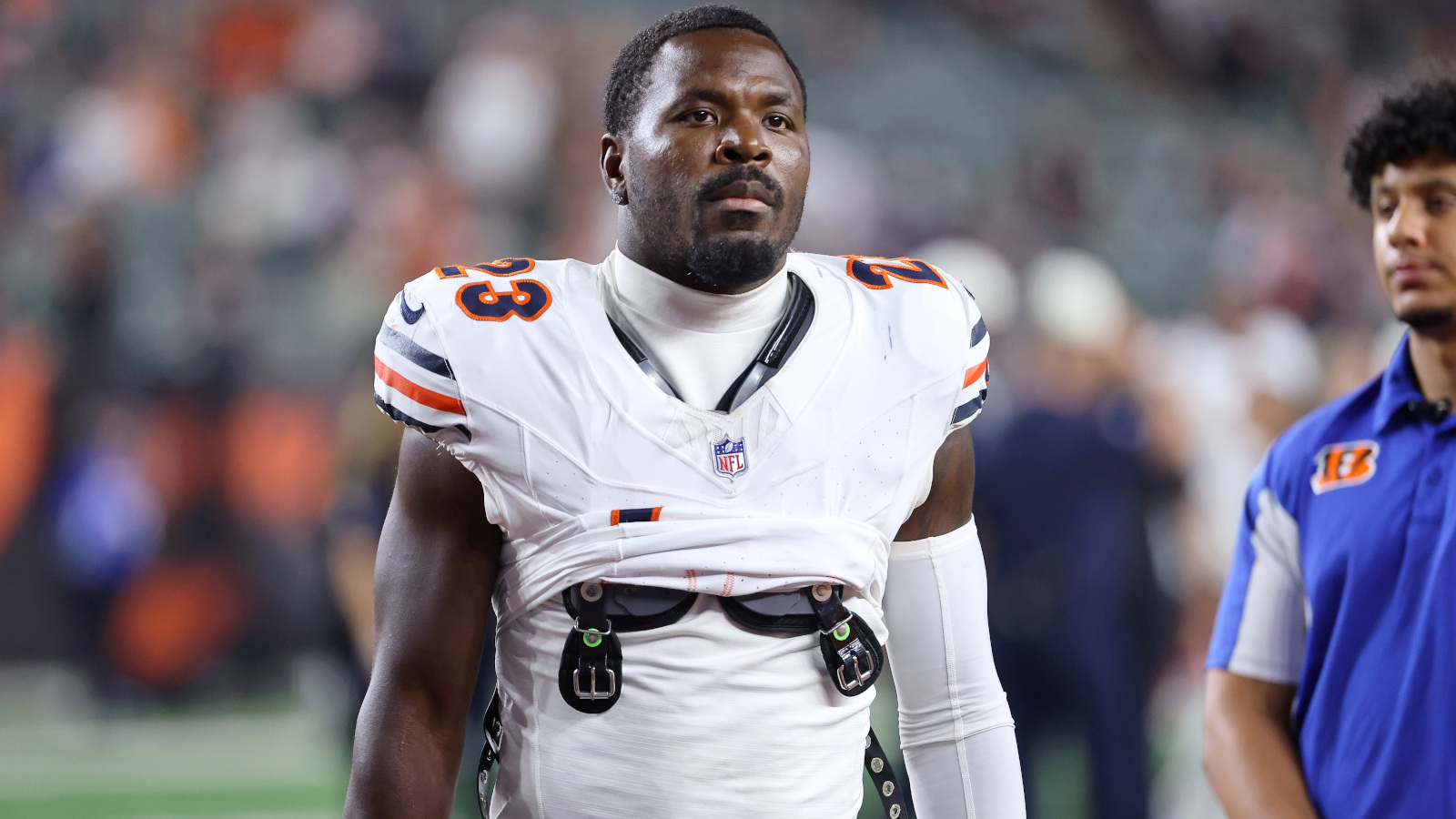 Chicago Bears safety Xavier Woods walks off the field.