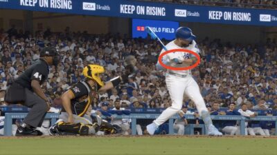 Dodgers outfielder Andy Pages getting hit in the hand by a pitch