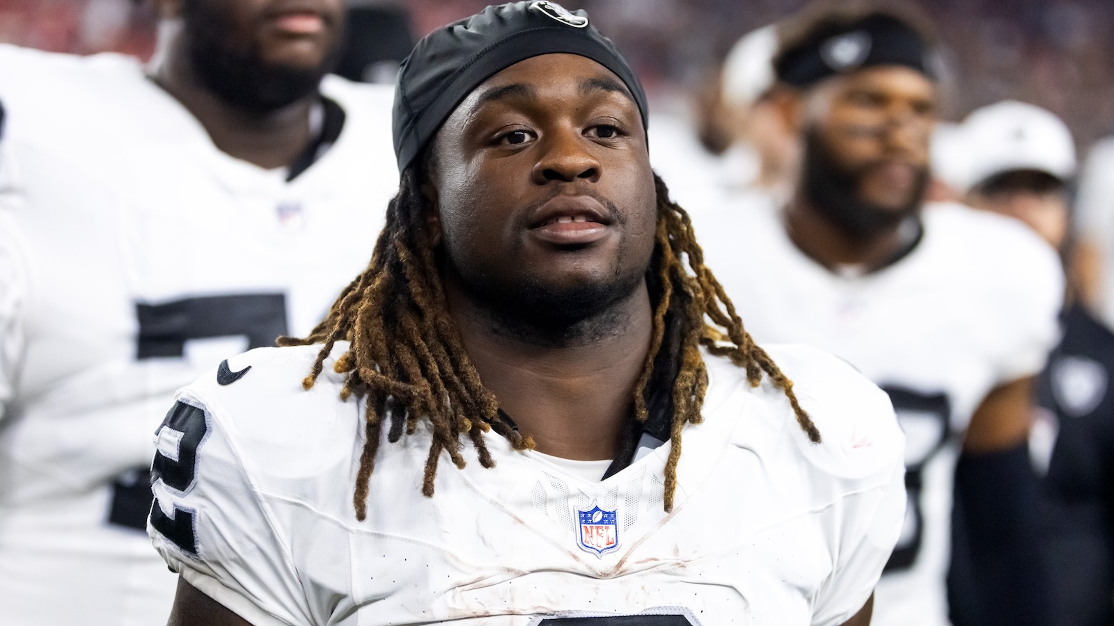 Raiders running back Ashton Jeanty looking on