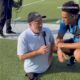 Panthers QB Bryce Young being interviewed by legless reporter Dave Stevens