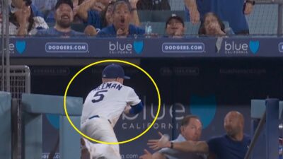 Freddie Freeman falling into the dugout