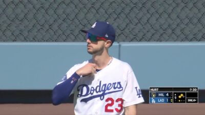 Kyle Tucker in the outfield in a Dodgers uniform