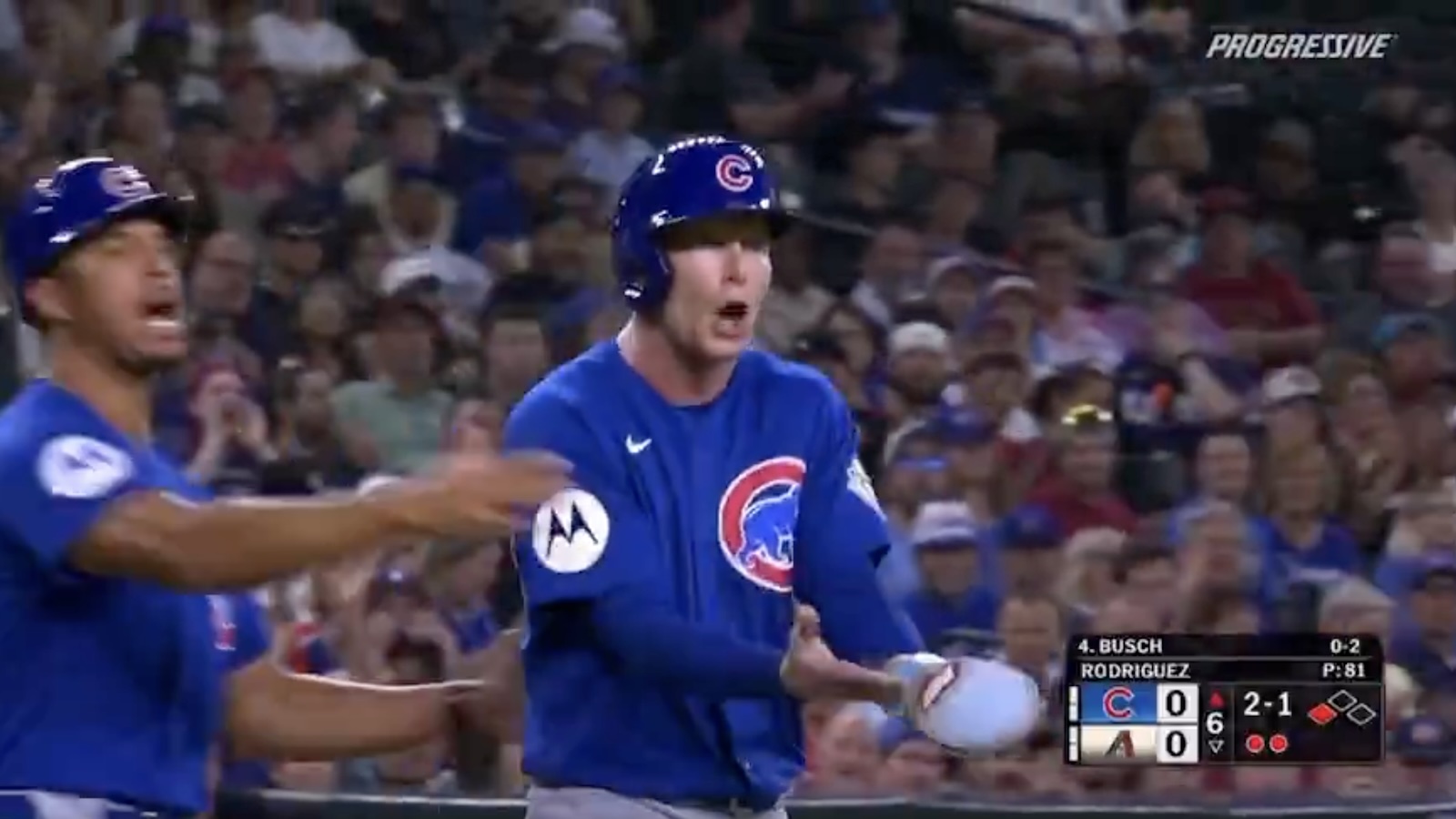 Pete Crow-Armstrong confronting umpires during Cubs-Diamondbacks game