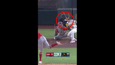 Athletics catcher Brian Serven hit by a foul ball