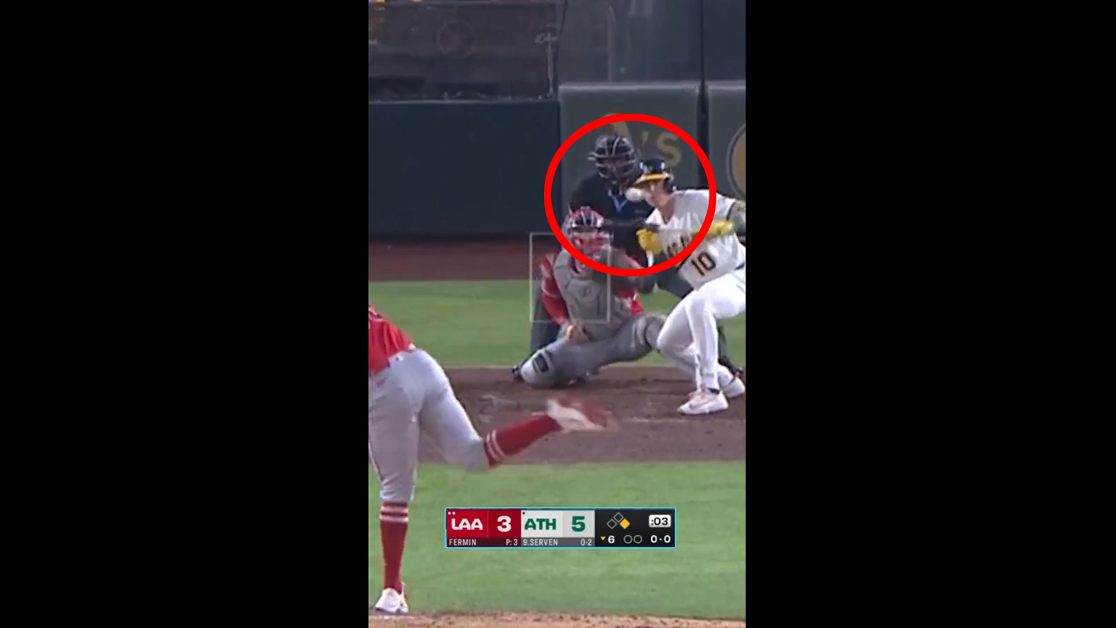 Athletics catcher Brian Serven hit by a foul ball