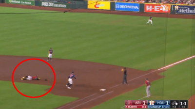 Geraldo Perdomo on the ground after getting hit by a line drive