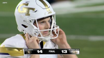 Georgia Tech kicker looking stressed after getting his field goal blocked by Colorado