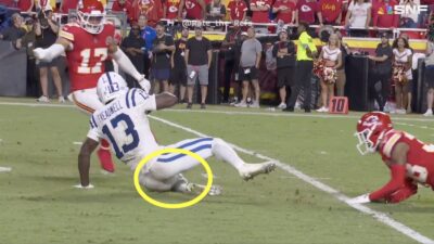 Colts wide receiver Laquon Treadwell sliding after making a catch before what was initially ruled a fumble against the Chiefs
