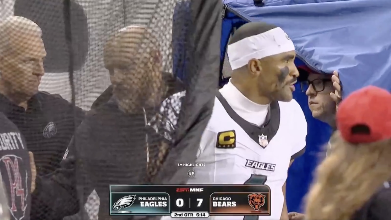 Eagles QB Jalen Hurts angry during game against the Bears