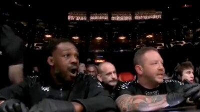 Jon Jones reacting to Gable Steveson getting knocked out by Sean Sharaf at UFC 331