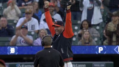Justin Verlander celebrating after his daughter threw a perfect first pitch