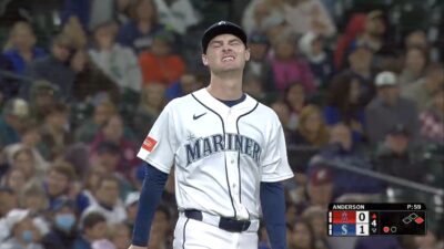 Mariners pitcher Kade Anderson wincing in pain after suffering an injury