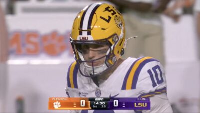 Quarterback Sam Leavitt looking disappointed after throwing an interception on Lane Kiffin's first drive as LSU head coach