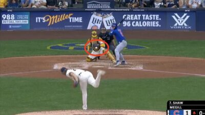 Cubs batter Matt Shaw taking a pitch against the Brewers
