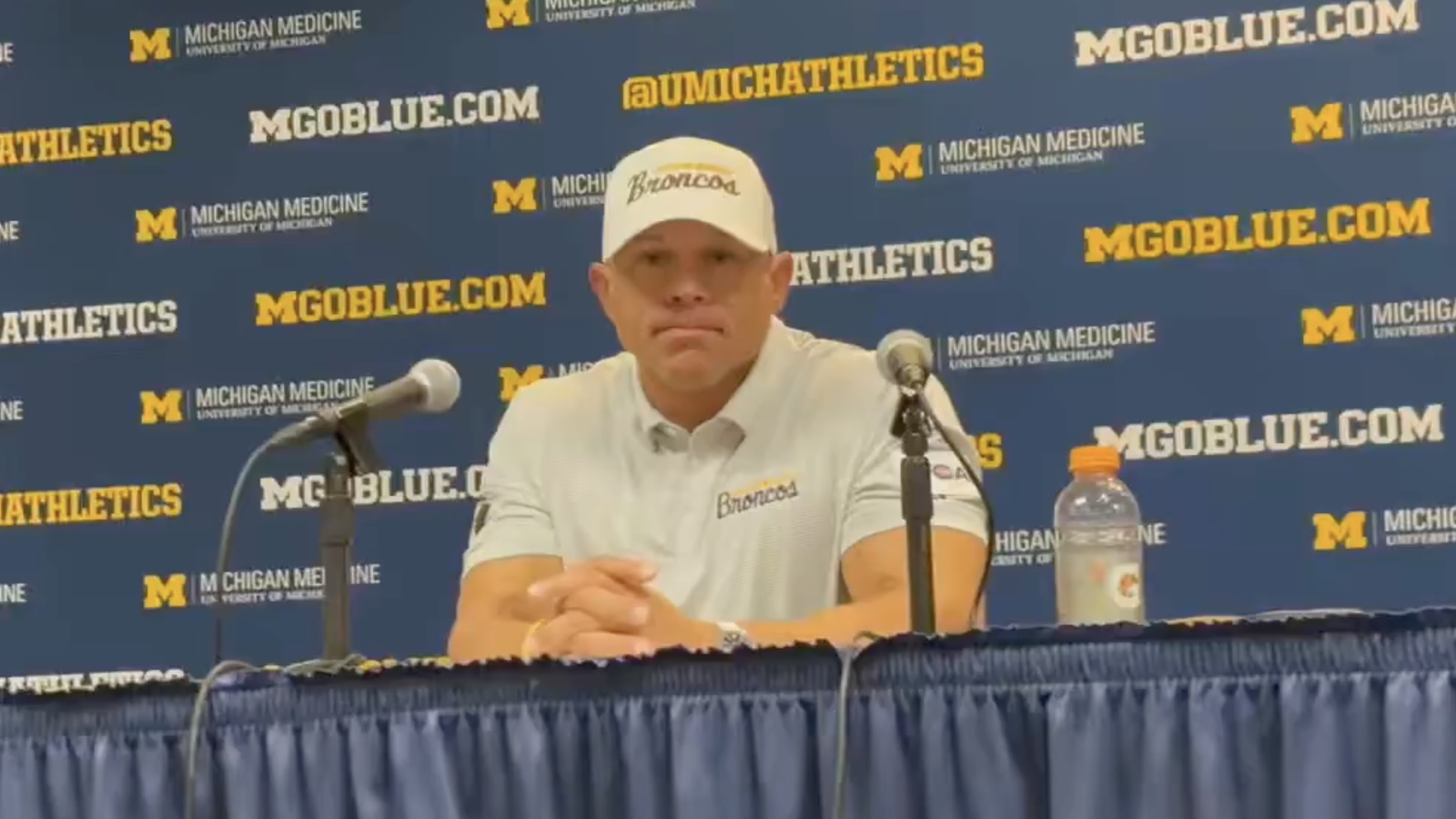 Western Michigan head coach Lance Taylor at a press conference after losing to Michigan