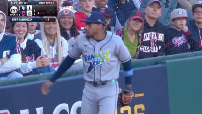 Chandler Simpson looks at a fan