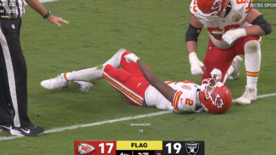 Chiefs' Tyquan Thornton pointing to his injury