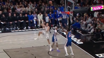 Joel Embiid with zero effort on alley-oops pass.