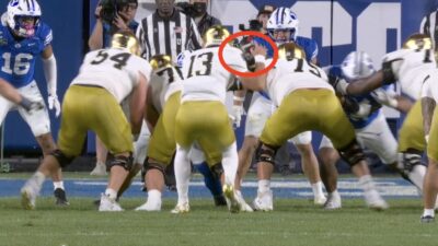 Notre Dame QB CJ Carr fumbling on a spike