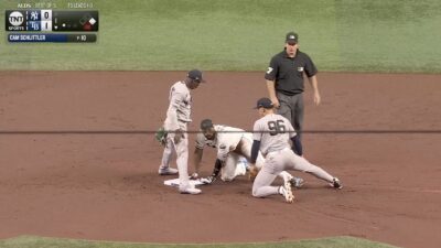 Yankees' Jazz Chisholm Jr. standing on second base after committing an error against the Rays