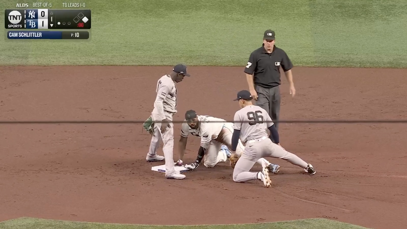 Yankees' Jazz Chisholm Jr. standing on second base after committing an error against the Rays