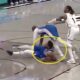 Joel Embiid falling into Jaylen Brown
