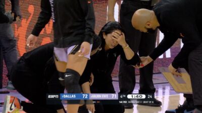 Valkyries coach Natalie Nakase collapsing on the floor